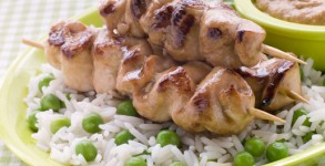 Chicken Satay Sticks with Peanut Butter Sauce and Fried Rice