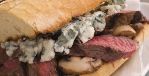 Steak and Roquefort Sandwich with Fries Gherkins and Chillies Steak and Roquefort Sandwich with Fries Gherkins and Chillies